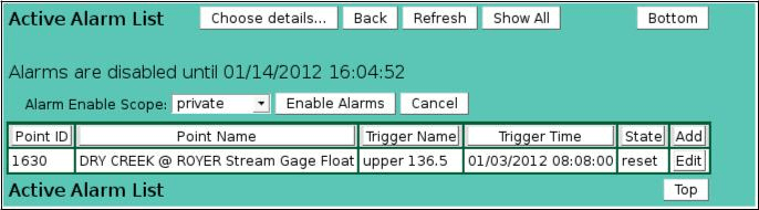 Active Alarm List Enable Alarms