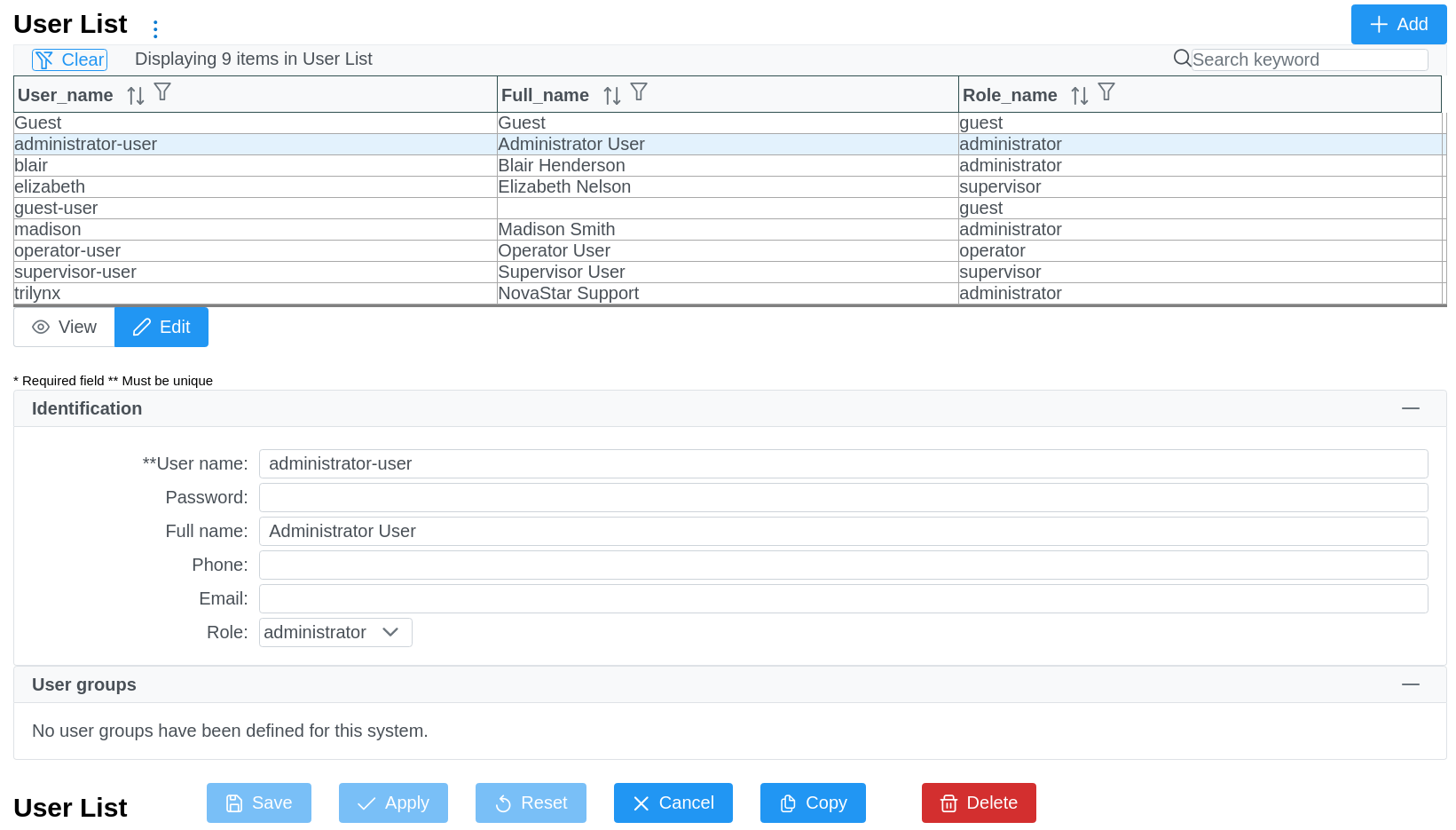 User List - NovaStar Administrator (for Users)
